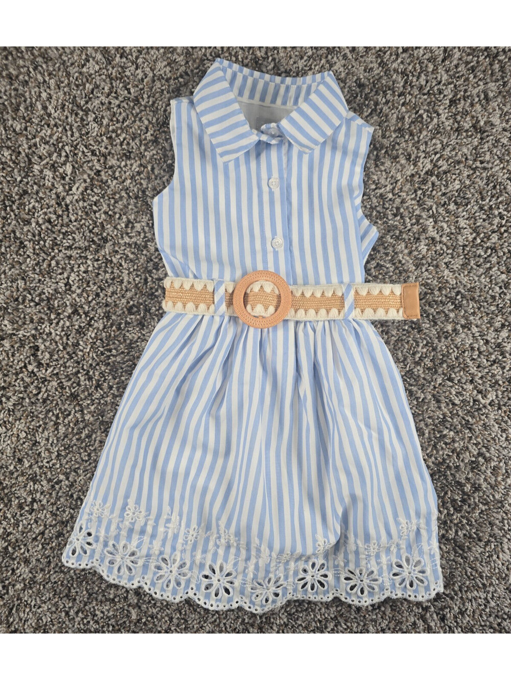 Tahari Little Girls Sz 4 Sleeveless Belted Dress Blue White Striped Lace Trim